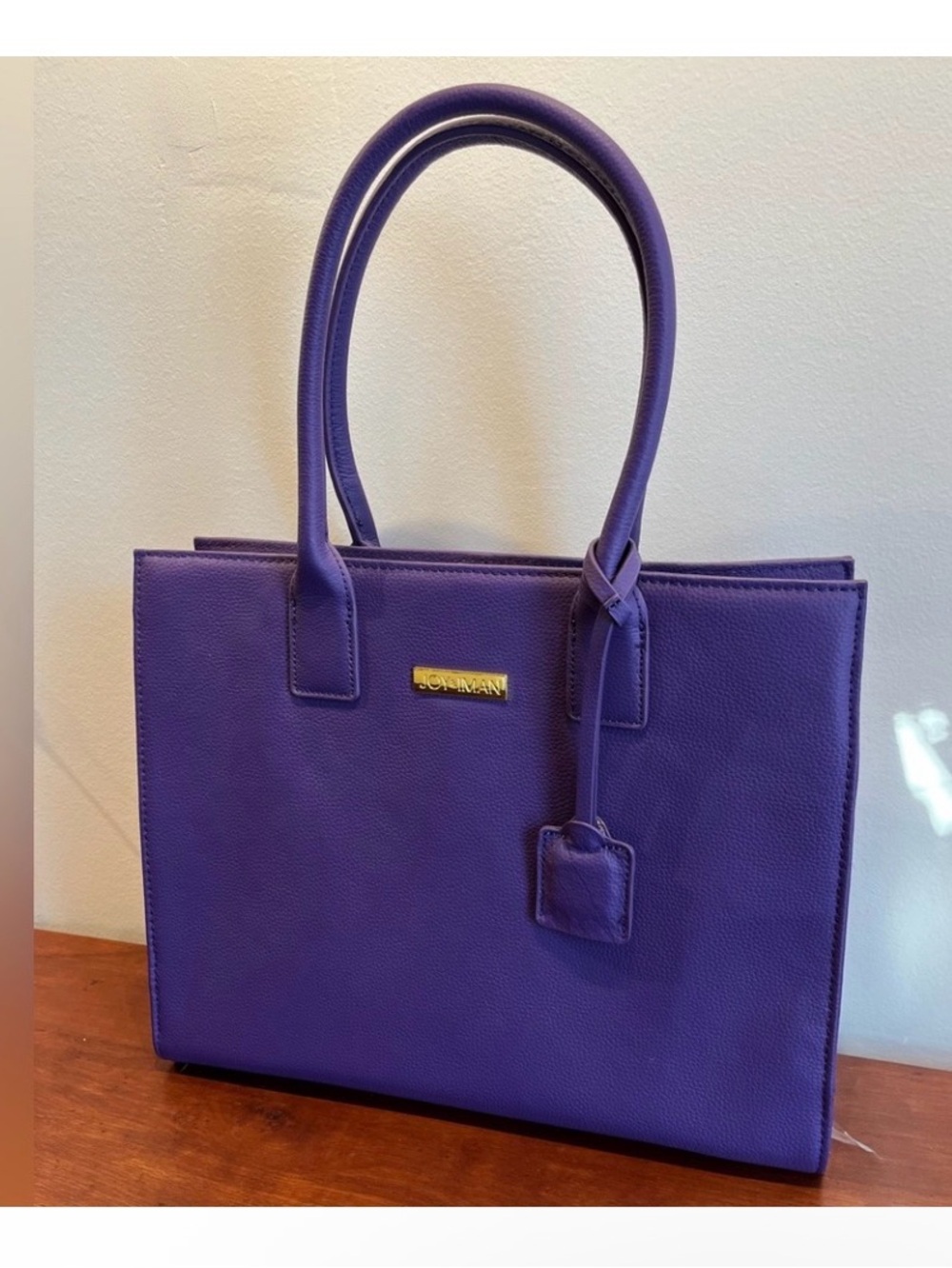 JOY & IMAN Purple Structured Tote with Top Handles, small hanging clock
